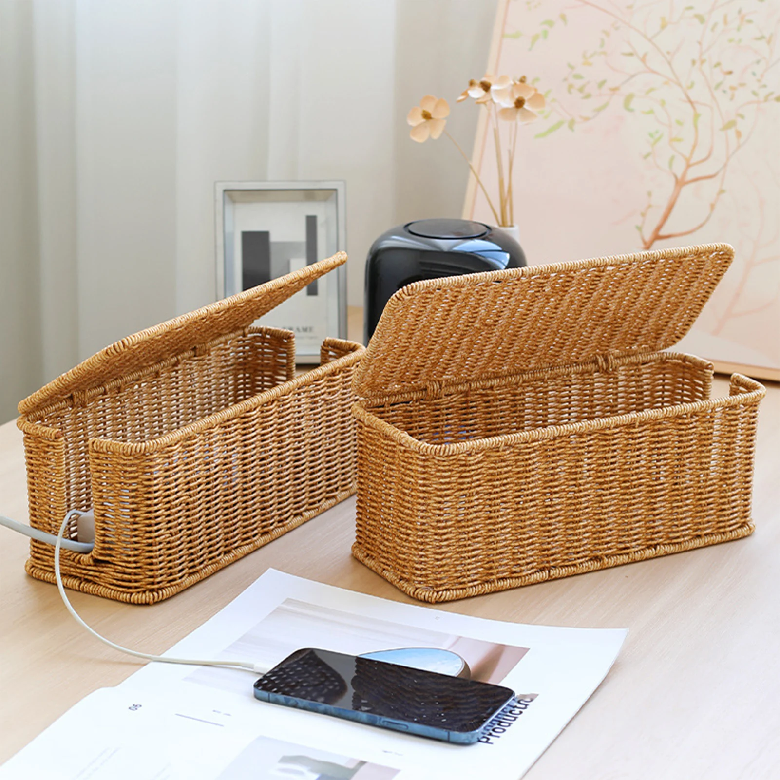 

Nordic Style Storage Box Desktop Socket Router Organizer Box Imitation Rattan Plastic Storage Box With Lid Home Storage Supplies