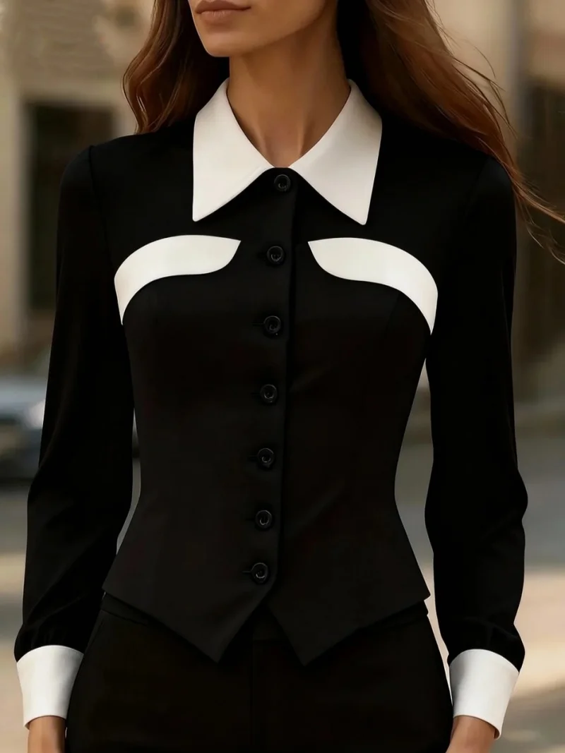 

Color-block Collar Blouse - Office Lady Chic Slim-fit Shirt for Work & Business