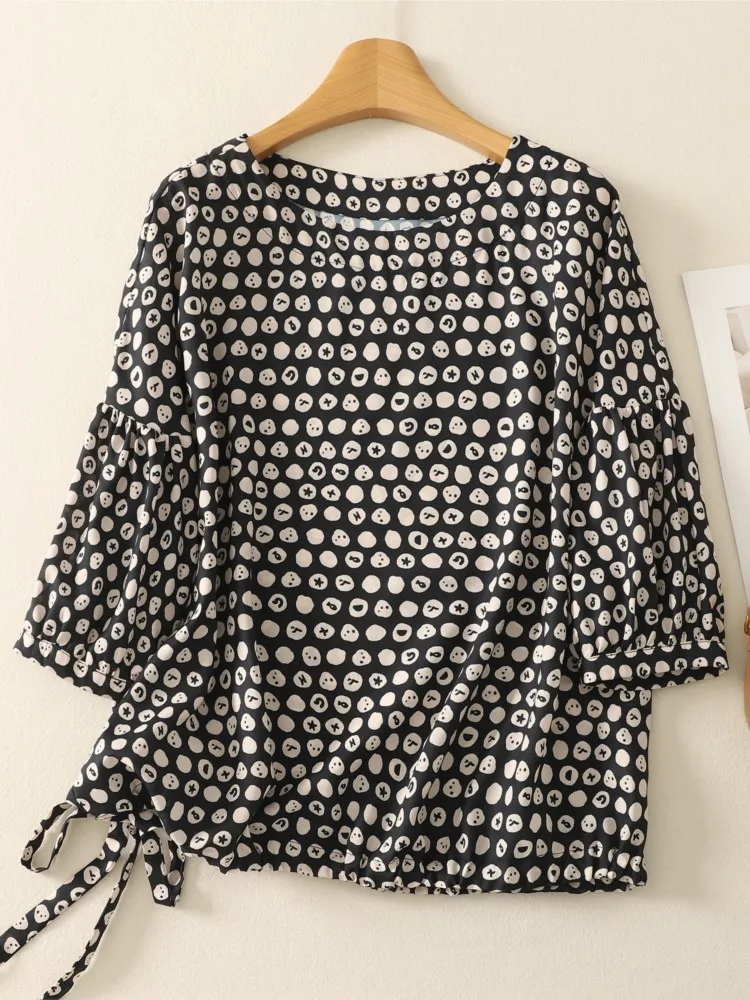 المتضخم الربيع الصيف تي شيرت المرأة هندسية طباعة موضة بلوزات فضفاضة غير رسمية السيدات غير النظامية مطوي امرأة تي شيرت