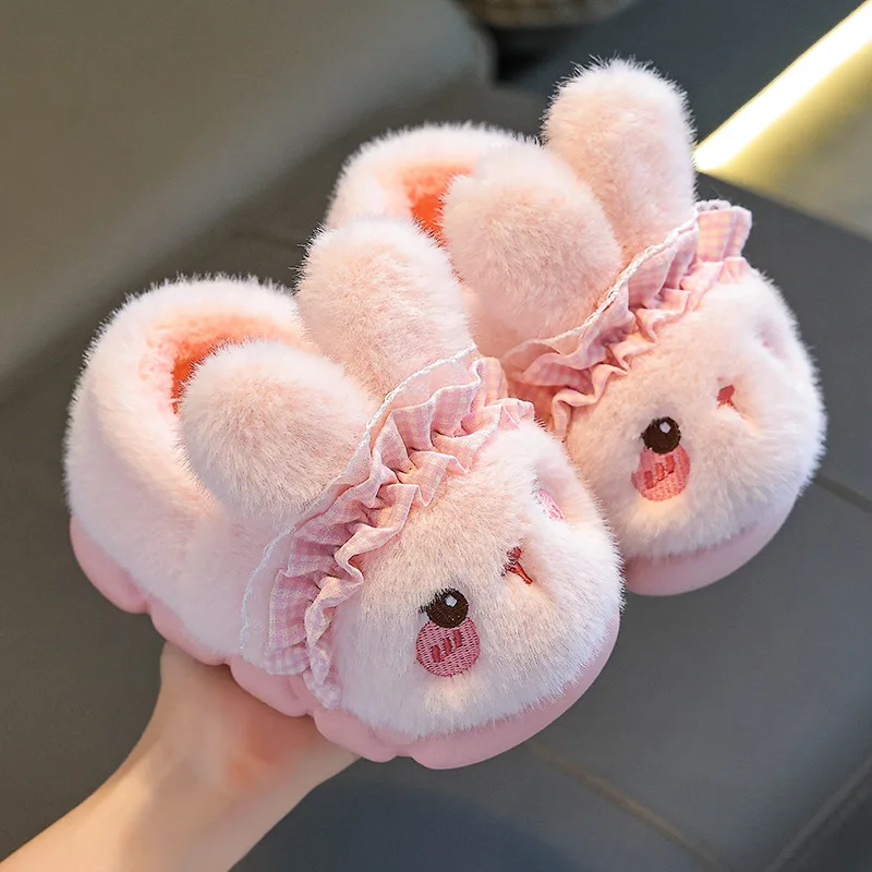 Autumn and winter children's slippers girls warm velvet rabbit cute fluffy parent-child home baby bag and cotton shoes