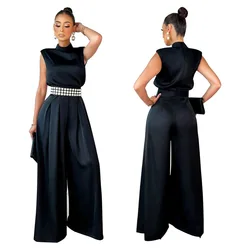 2024 Fashion Woman Party Jumpsuit Solid Sleeveless High Waist Wide Leg Rompers Club Office Ladty Vintage Pants