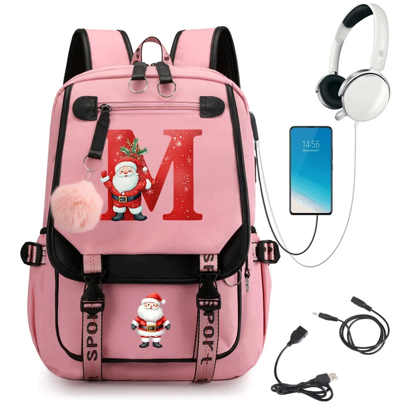 Pink Christmas Santa Claus Print 26 Letter A-Z Backpack for Girls Schoolbag Xmas Travel Laptop Backpack Student School Bag