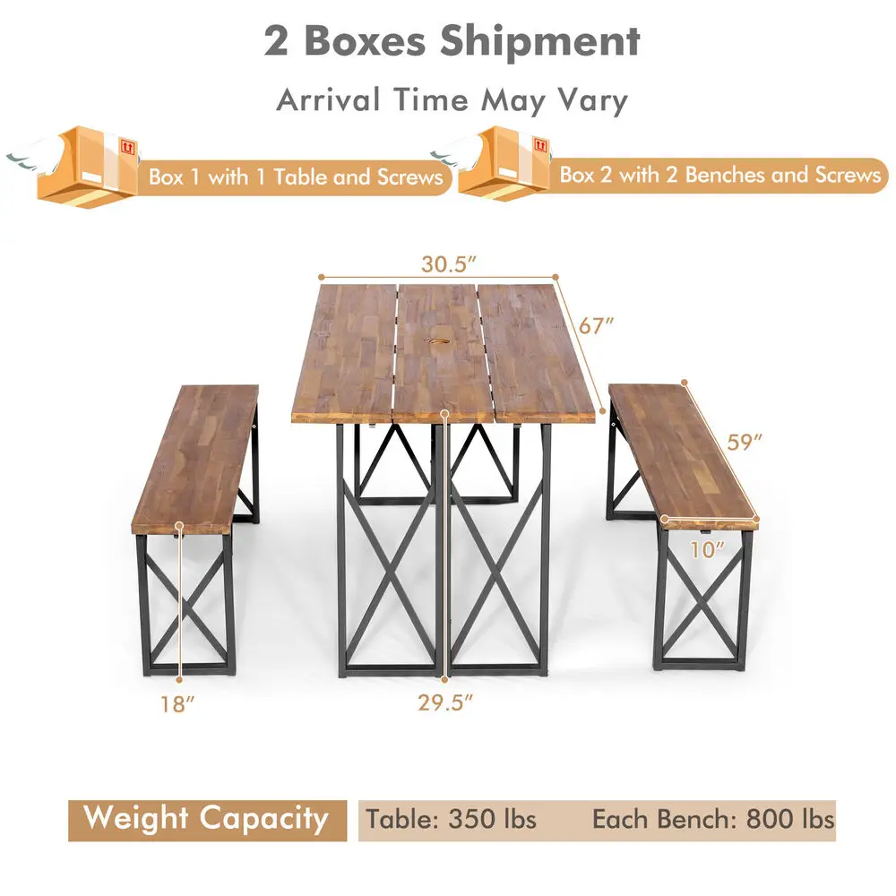 Costway Outdoor 3 PCS Acacia Wood Patio Dining Table Bench Set w/ 2