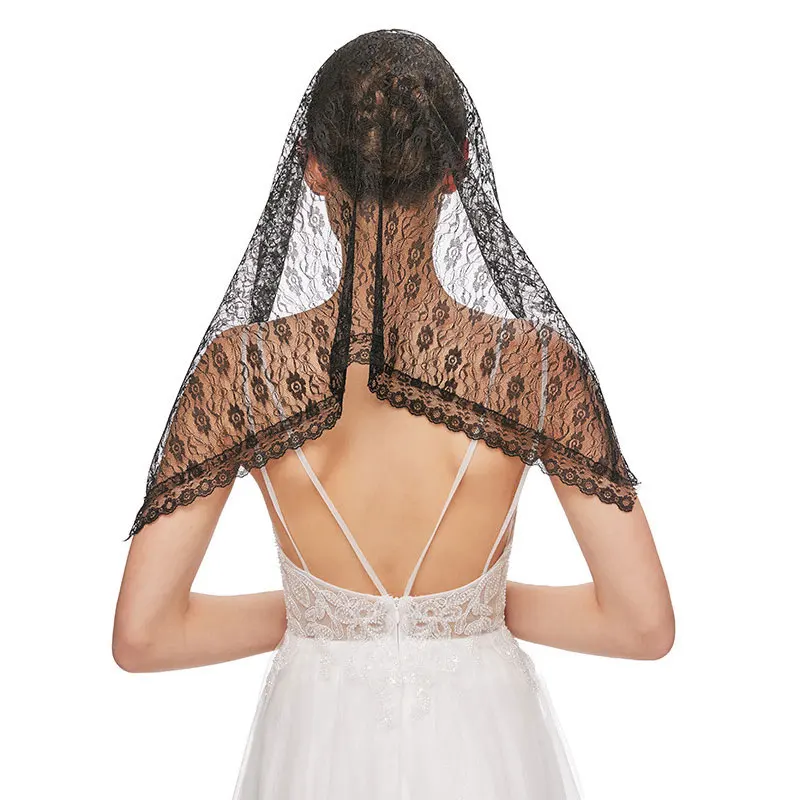 

2022 New Black White Mantilla Lace Veils Arc Shape Traditional Vintage Latin Mass Head Covering Scarf for Catholic Church Chapel