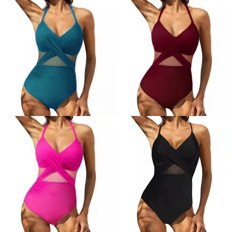 

New One-Piece Swimsuit Cross Sexy Backless Mesh Stitching One-PiecebikiniFemale