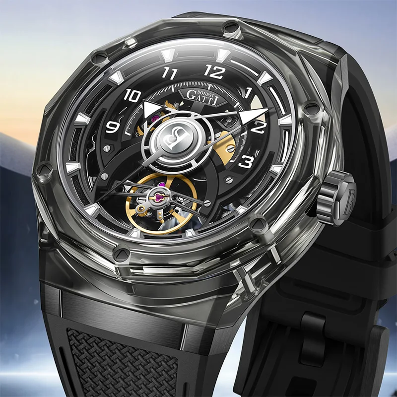 BONEST GATTI Men's High-Quality Luxury Precision 45mm Skeleton Mechanical Watch Transparent Sapphire Crystal Case