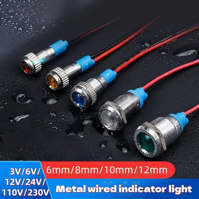 5pcs Small metal indicator light 6/8/10/12mm waterproof luminous LED power signal light 6V12V24V220V Wire Connect Lamp Pilot