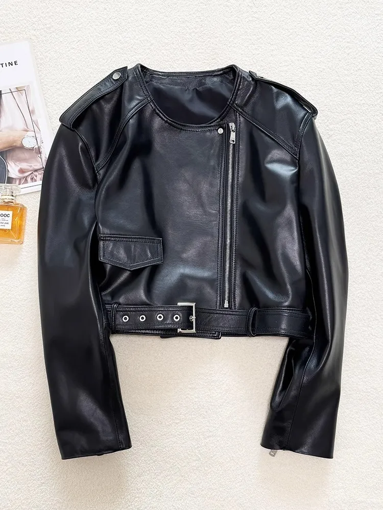 Giacca da moto da donna in vera pelle o-collo moda manica lunga punk streetwear nuova zip slim fit cappotto corto in pelle di pecora femminile