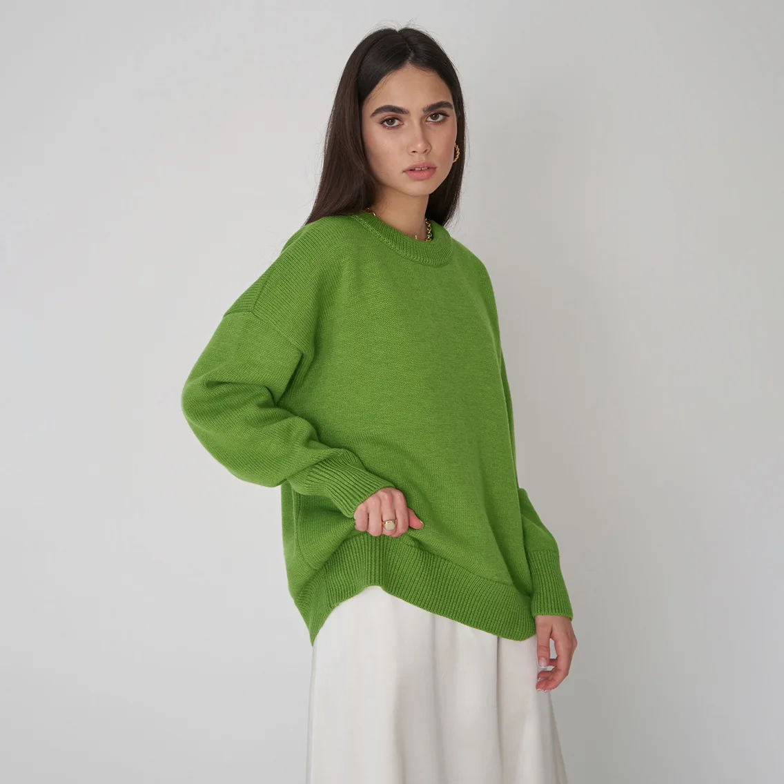 Women Solid Round Neck Knitted Sweater Fall Winter Fashion Casual Pullover Tops