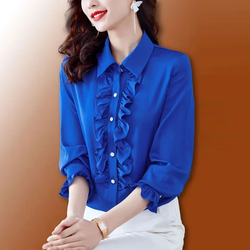 Women\'s Korean Fashion Ruffle Elegant Button Up Shirt Spring Autumn Office Lady Casual Blouse Long Sleeve Solid Slim Tops Blusas