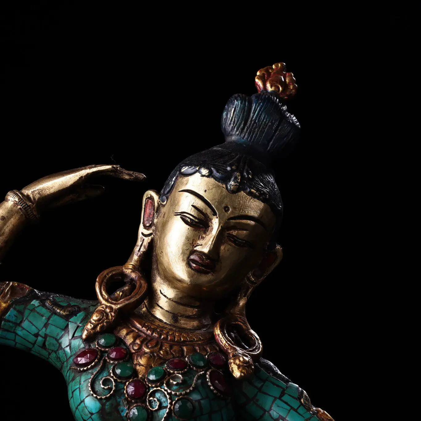Tibetan Old Copper Painted Gem Inlaid Dakini Buddha Statue Serene Face Heavy Patina Fine Craft