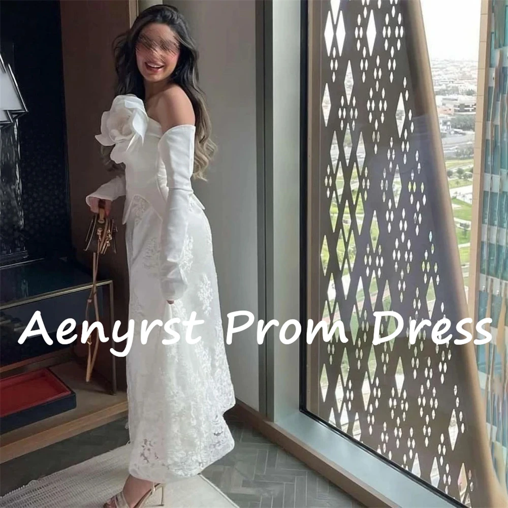 Aenyrst 3D Flowers Lace Strapless Dubai Prom Dresses A Line Long Sleeves Evening Gowns For Women Appliques Birthday Party Dress