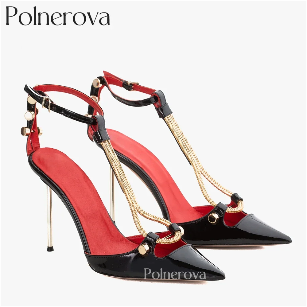 Metallic Gold Spring Chain High Heels Sexy Style Pin Buckle Ankle Strap Stilettos Pointed Toe Designer Handmade Shoes for Women