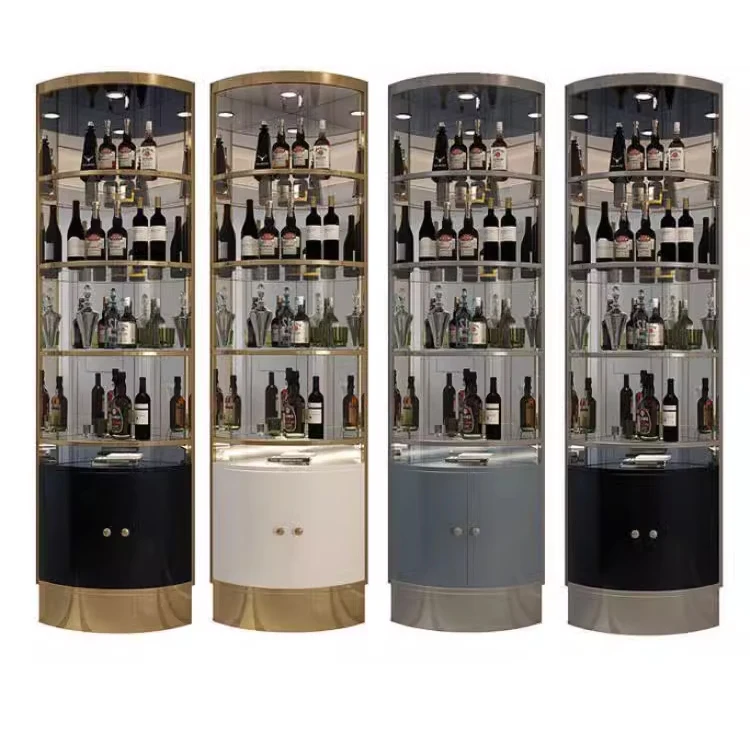 Modern Living Room Stainless Steel Metal Frame Wine Display Cabinet Luxury Double Door Glass Corner Bar Wine Storage Cabinet