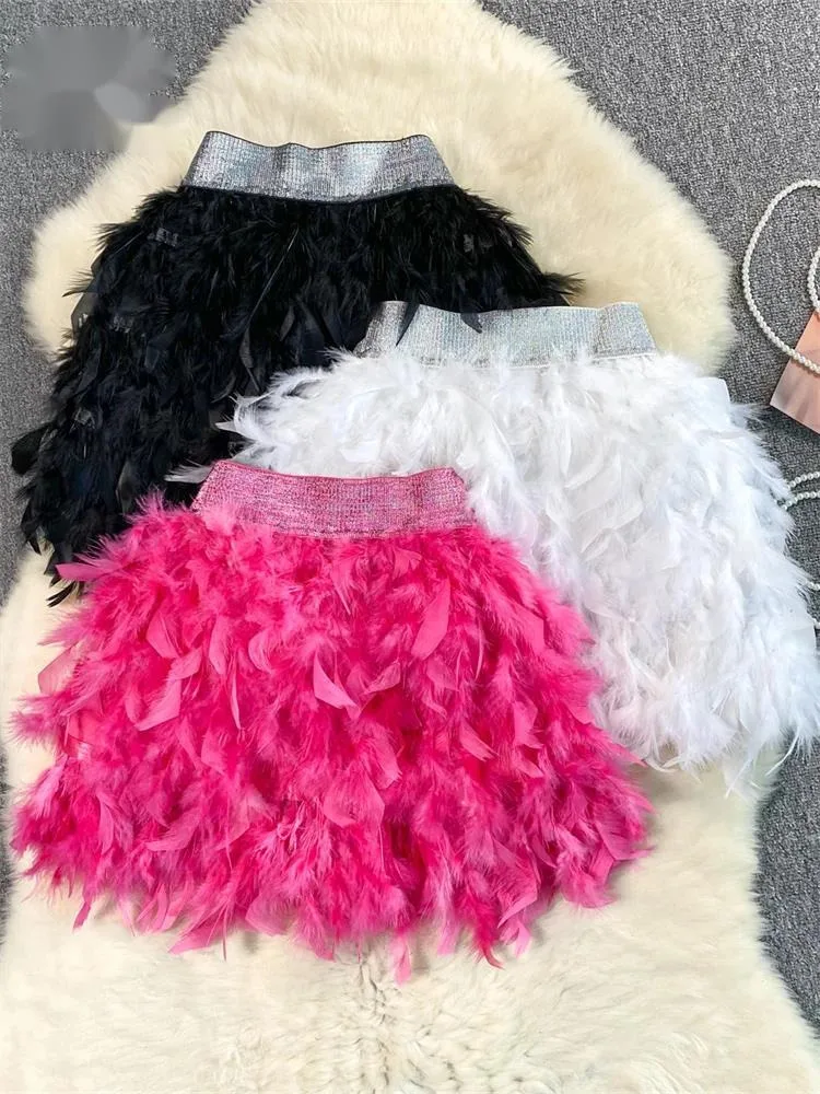 

Senior Birthday Party Skirt High Quality Elastic Waist Mini Skirt Fairy Style Sweet Feather Splicing Ball Gown Skirt