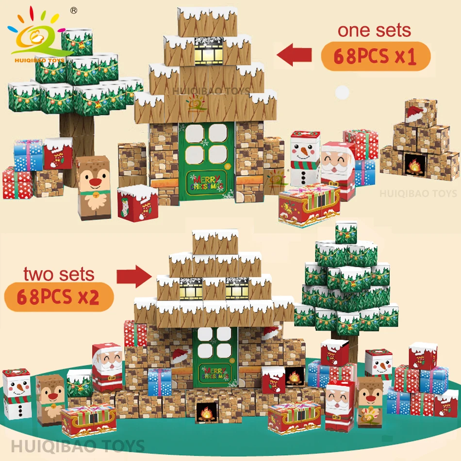 HUIQIBAO Christmas Magnetic Building Blocks DIY Santa Claus Mine World Set Magnet Building Cubes Toy for Children Adult Gift