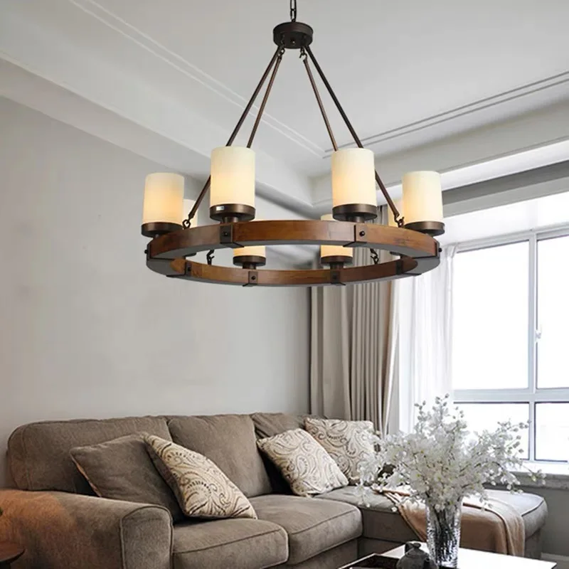 Industrial wind antique Perdant Light American Wooden Round Rectangular Iron Candlestick Chandelier for Restaurant Bar