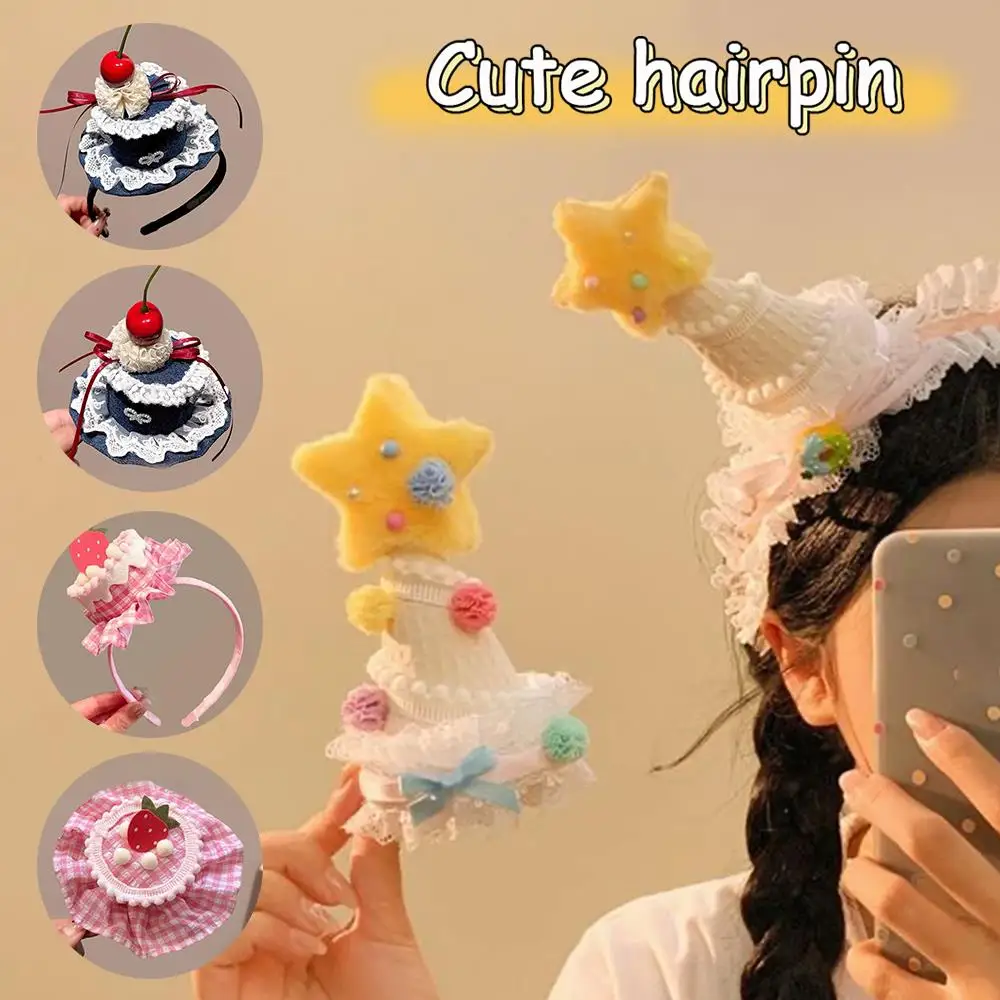 

Hot Sweet Hair Accessories Birthday Hairband Japanese Korean Style Cute Pink Strawberry Cake Hair Clip Women Hair Card Headdress