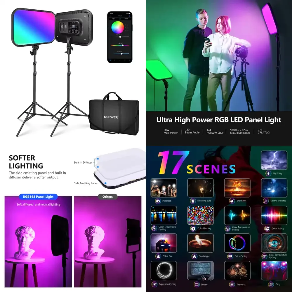 

60W Dimmable 2500K-8500K LED Panel NEEWER 18.3 Inch RGB LED Video Light Panel with App Control Stand Kit 2 Packs