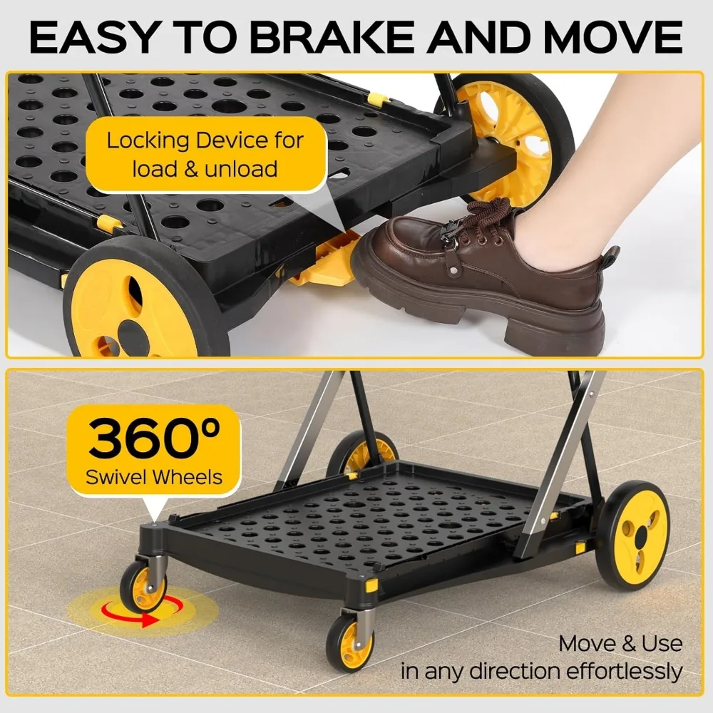 عربة تسوق قابلة للطي بعجلات، عربة بقالة بسعة تحميل 200 رطلاً مع صندوق تخزين، شاحنة يدوية بمنصة مع مسند للقدمين #6