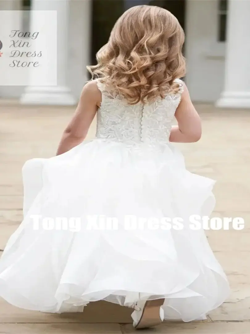 Sukienki dla dziewczynek sypiących kwiatki z białego tiulu, warstwowe, z aplikacjami, bez rękawów, na wesele, urodziny, pierwszą komunię.