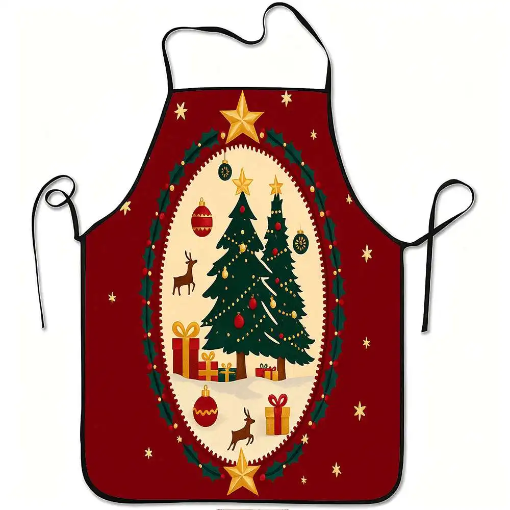 1pc Christmas Tree Reindeer Gift Print Apron, Durable and Easy to Clean, Adjustable Waistband, Polyester Material, for Kitchen C