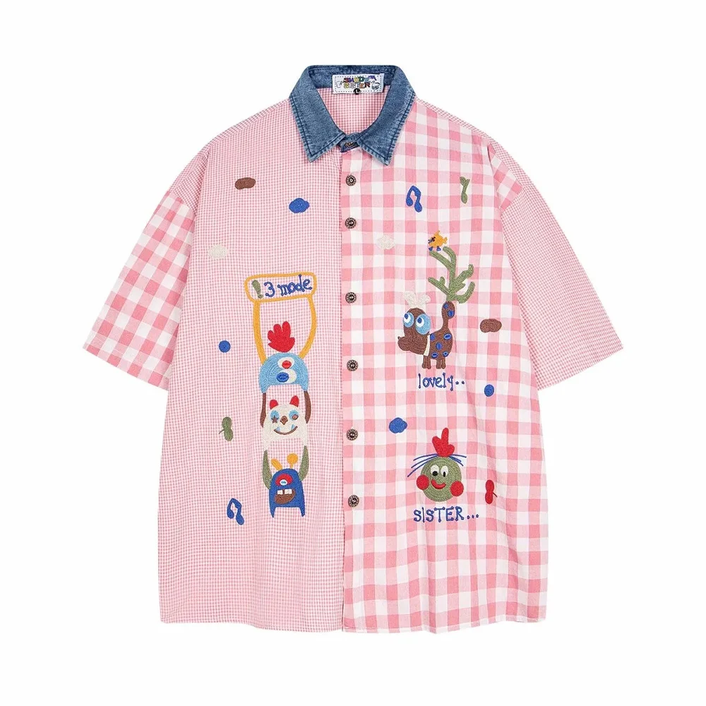 

Unisex Cartoon Shirt Loose Fit Embroidered Patchwork Casual Short Sleeve Streetwear Top 2026 New