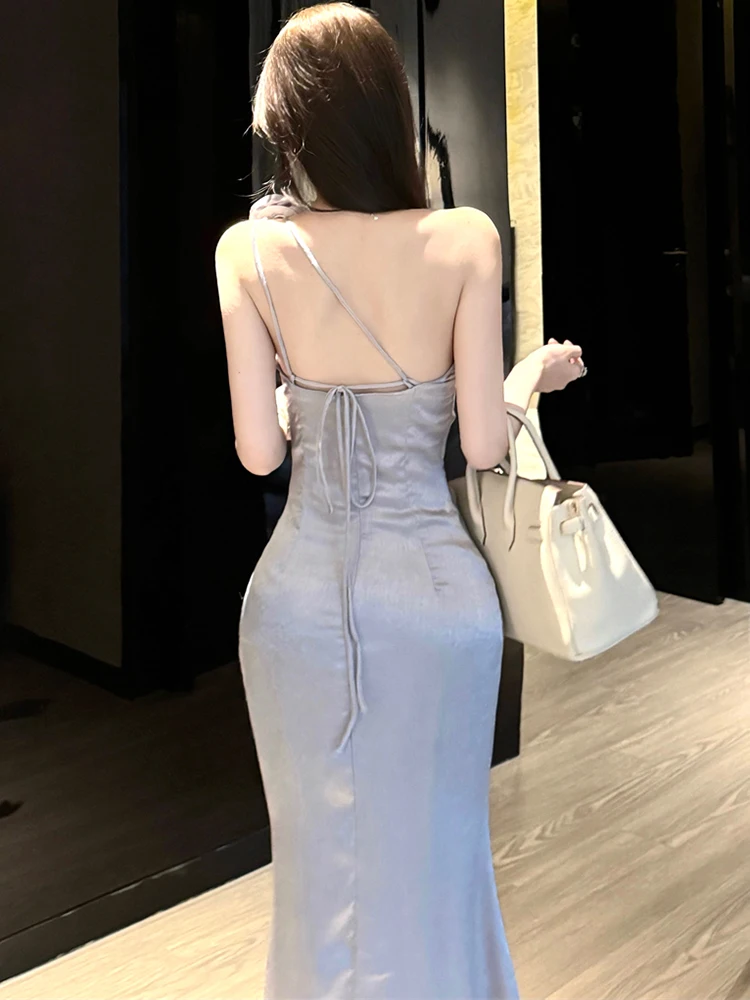 ฤดูร้อนAcetateซาตินChicดอกไม้คอชุดผู้หญิงBacklessเซ็กซี่ชุด 2025 เกาหลีVINTAGEหรูหราVestidos