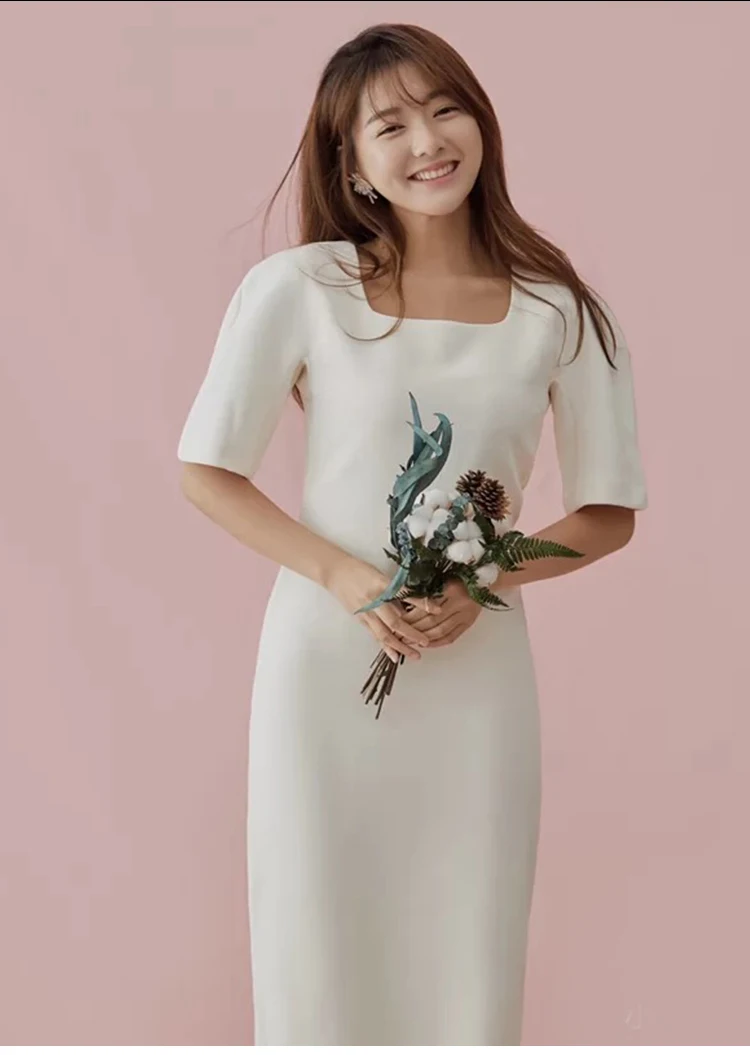 Simples elegante Praça Neck Tea Comprimento Mangas Meia Cetim Macio Coreia Do Estilo Do Vestido de Casamento Vestido de Casamento 웨딩드레스 ウエディングドレス