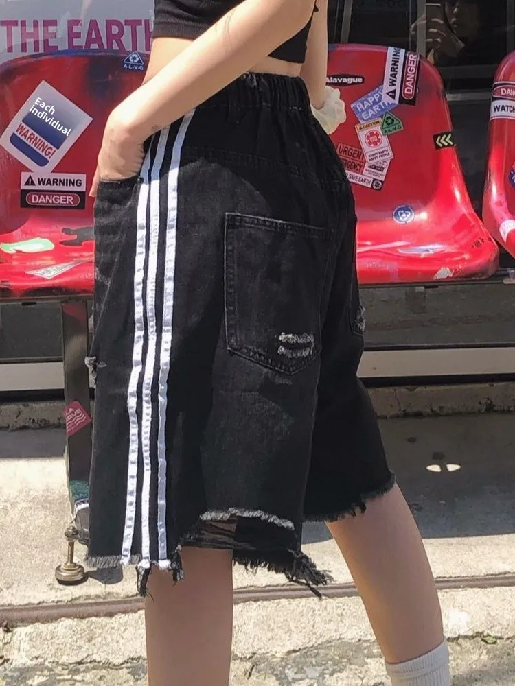 

Tee-Bar Waed Loose Straight Old-Time Jeans Women's Five-Point Pants Trendy ort Jeans Summer l Waist Denim