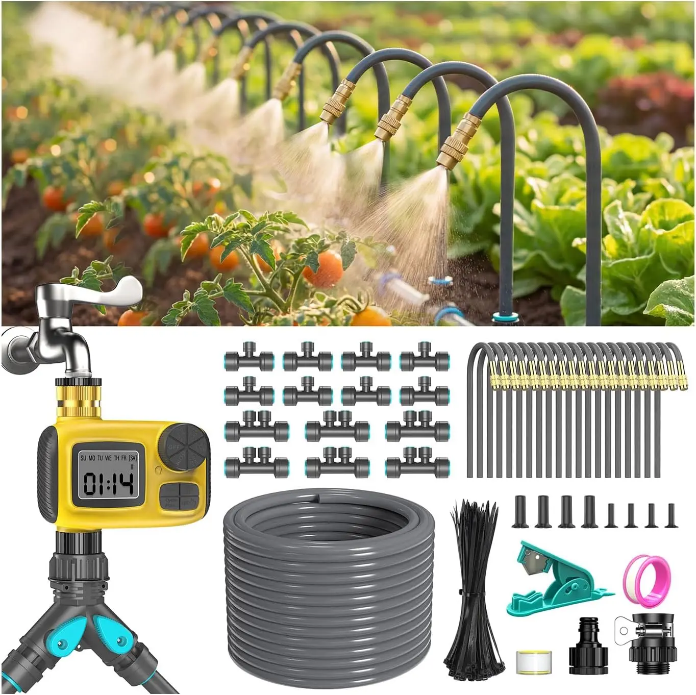 

Smart Drip Irrigation Kit with Timer, 1/2" 98FT, 20 Adjustable Copper Nozzles for Garden, Yard, Lawn, Greenhouse