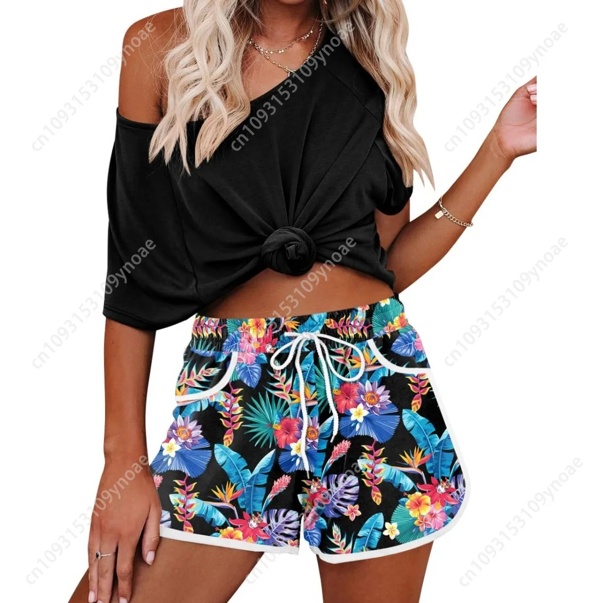 Tropical Palm Leaf Print Shorts Sexy Women Surf Scanties Seaside Drawstring Pants Beach Panties Casual with Pockets Fashion