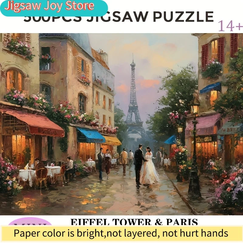 Caja de Rompecabezas de Papel Miniatura de la Torre Eiffel y Escena de Calle de París, 500 Piezas, 38x26cm (15x10.24in), Desafío para Adultos, Familiares y Amigos