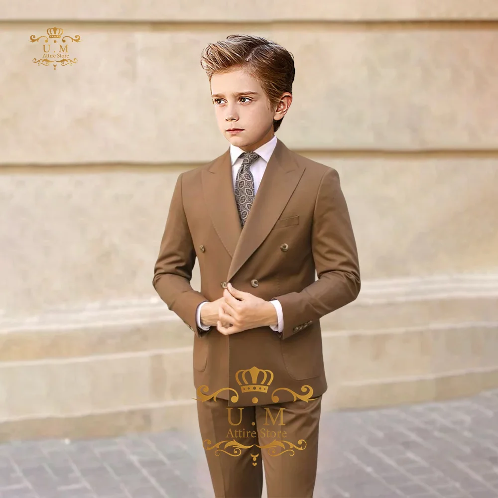 Classic boys' 2-piece suit brown peak lapel double breasted jacket pants set for kids wedding prom birthday party custom tuxedo