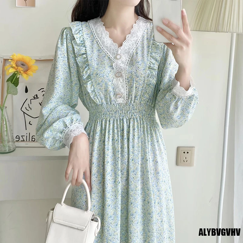 

Women 2022 Spring Casual Long Sleeve Ruffle Lace V Neck Floral Print Chiffon Dress Female Lastic High Waist Midi Dress Vestidos