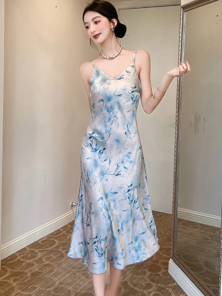 2025 自由奔放に生きるグリーン花柄サテンシックなスリングセクシーなロングドレス女性エレガントなフリルカジュアルホリデードレス夏ボディコンフェスティバルドレス