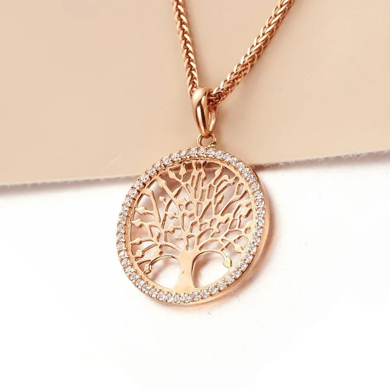 585 Purple Gold Plated 14K Rose Gold Round big tree Style glossy Necklace Classic refreshing Pendant clavicle chain jewelry