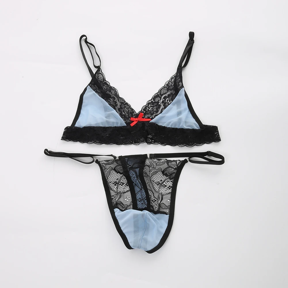

Мужской комплект эротического белья: кружевные трусики, бюстгальтер на тонких бретелях с регулируемыми ультратонкими бретелями и стринги, роскошный комплект интимного белья