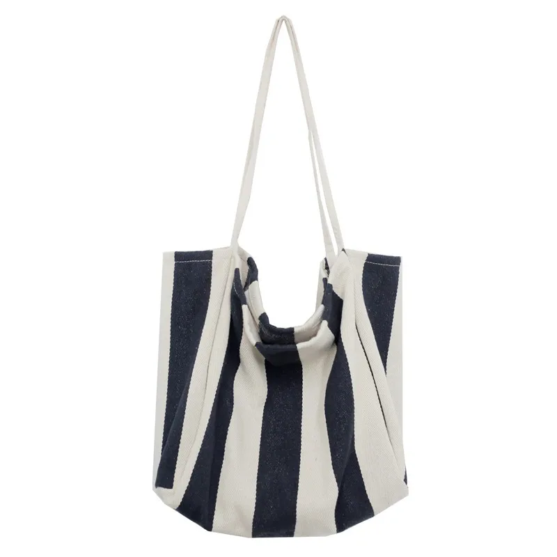 Striped Canvas Bag for Women Simple Literary Shoulder Bag Large Capacity Lazy Wind Canvas Hand-held Shopping Bag Casual Tote Bag