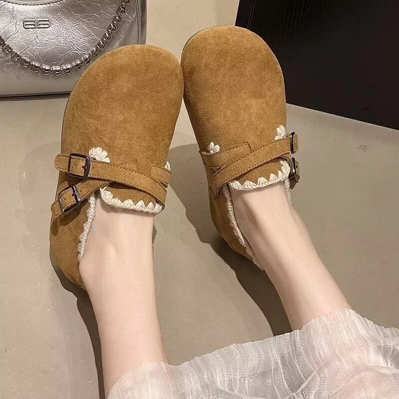 Women's Khaki Suede Lace Trim Mary Jane Flats, Buckle Strap Comfortable Casual Bohemian Moccasin Shoes