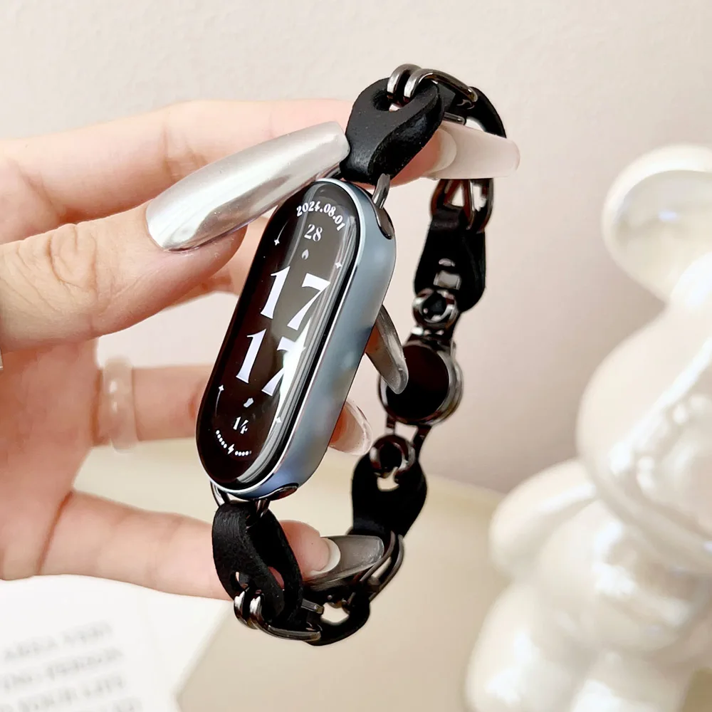 سوار متأنق رسمي لـ Xiaomi Smart Band 8/9/ 10 Mi حزام بديل من الجلد الطبيعي مع سوار معصم من الفولاذ المقاوم للصدأ