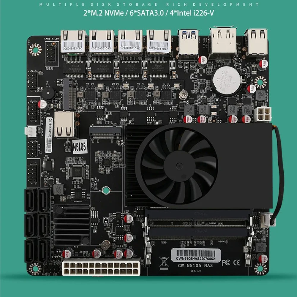 N5105 Industrial Motherboard NAS Motherboards 4 Cores 4 Threads Low Power Processor 4x2.5G I225 Network 2 M.2 Slot 6xSATA DP HD