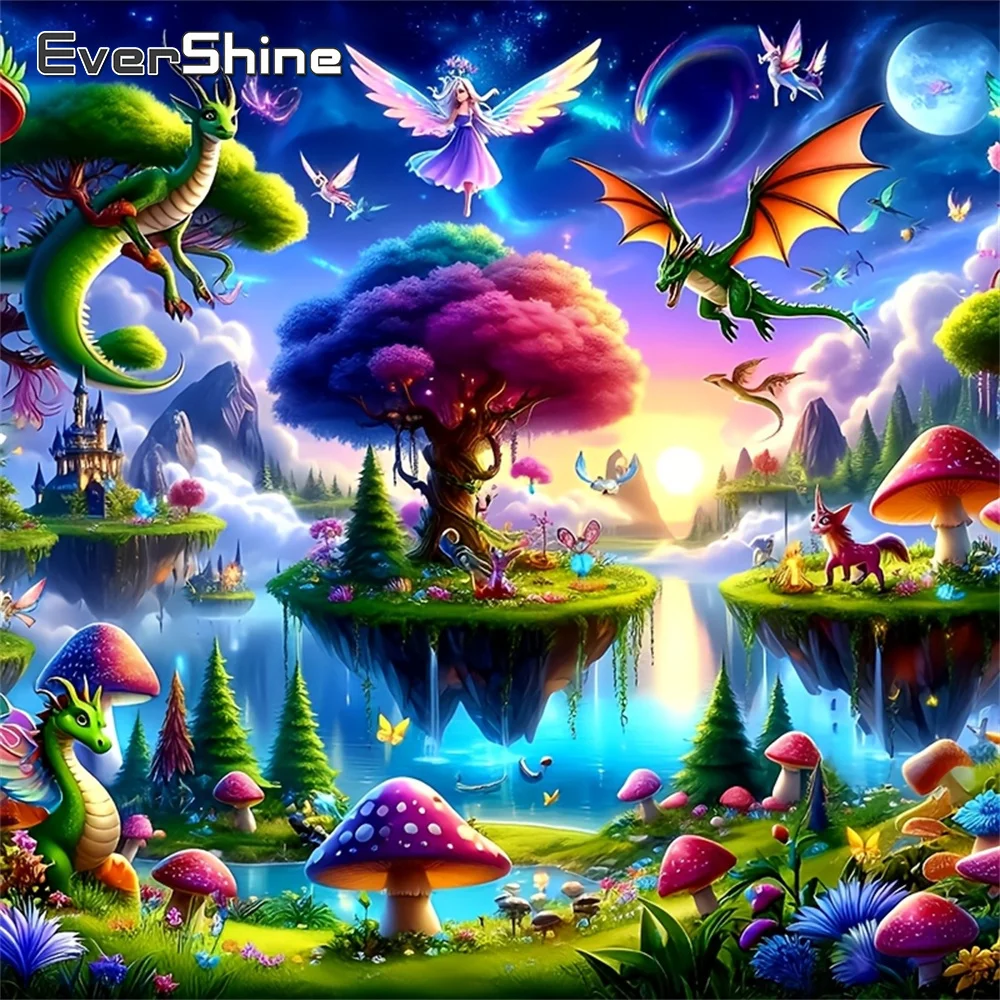 Evershine Diamant-Stickerei Landschaftsbild mit Baum, Drachen, Strass-Mosaik, Pilz, Vollquadrat 5D Elfen-Motiv, Einzigartiges Geschenk