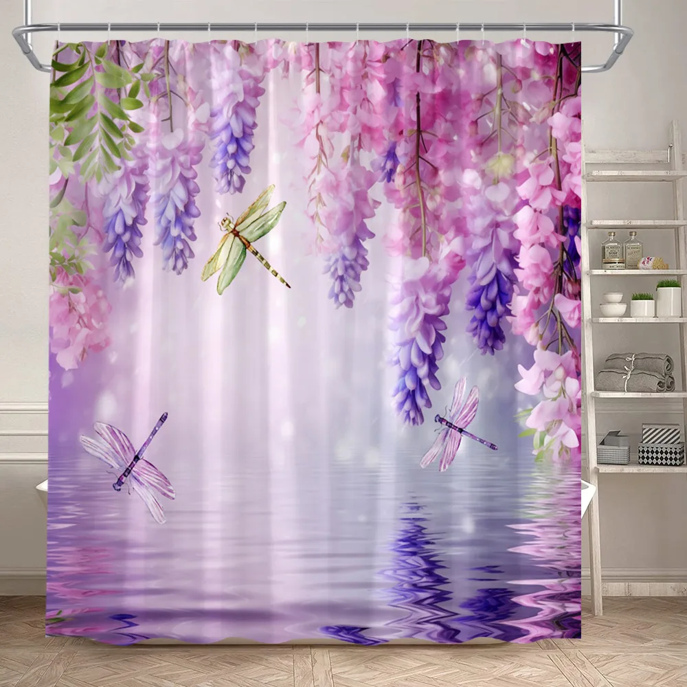 Rustic Floral Butterfly Shower Curtains Purple Vine Flowers Plant Nature Scenery Polyester Bathroom Curtain Decor Set With Hooks