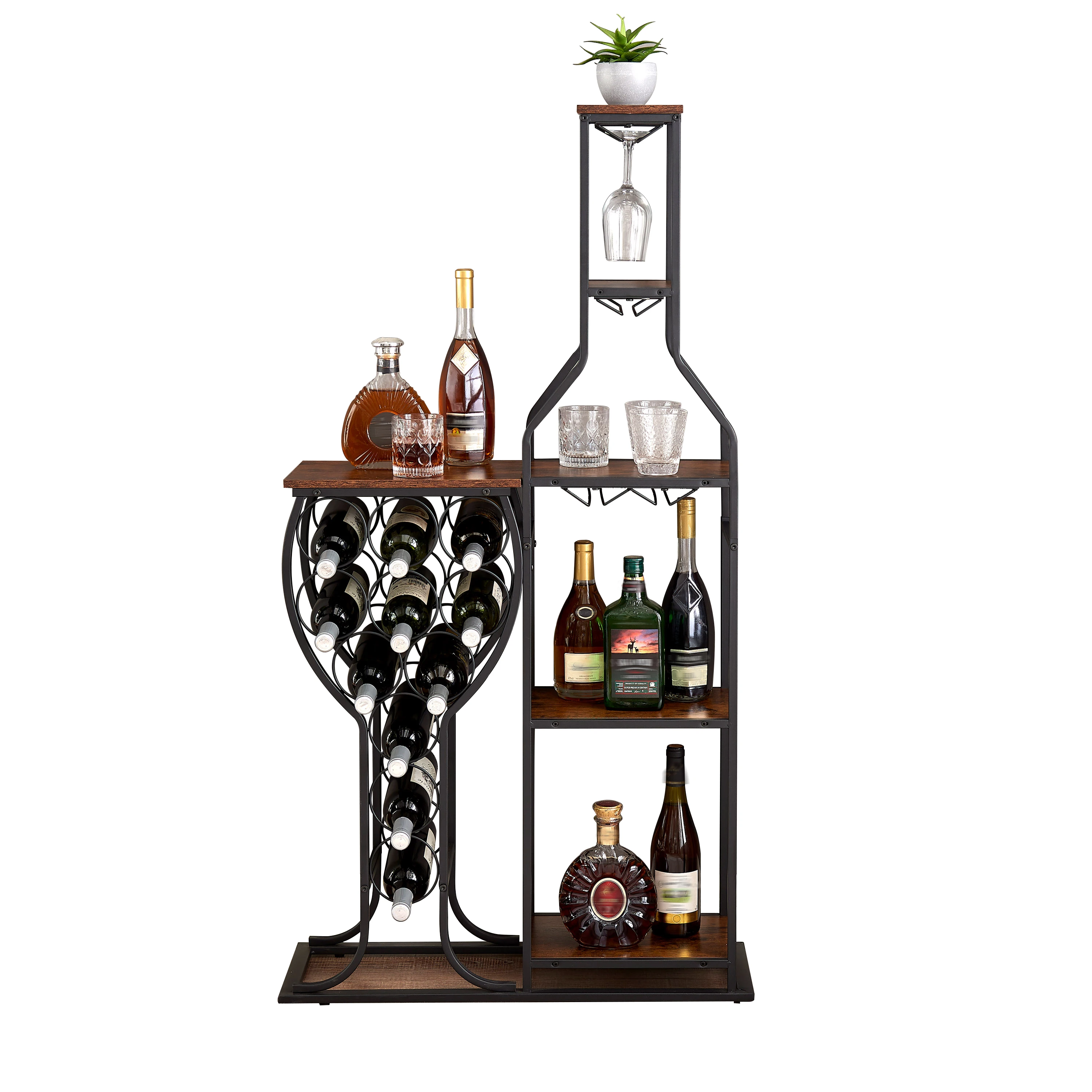 11 Bottle Wine Bakers Rack, 5 Tier Freestanding Wine Rack Hanging Wine Glass Holder and Storage Shelves for Kitchen, Dining Room