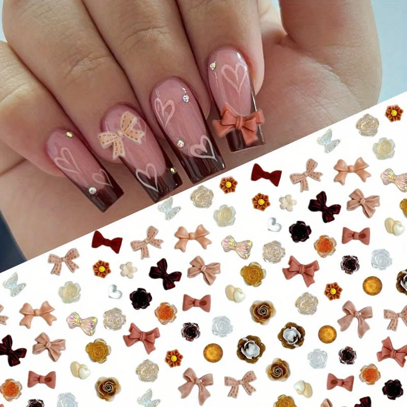 

50 шт., осенне-зимний кофейный цвет, смешанный бант, цветок, украшения для дизайна ногтей, чехол для телефона, шпилька, украшения «сделай сам», аксессуары