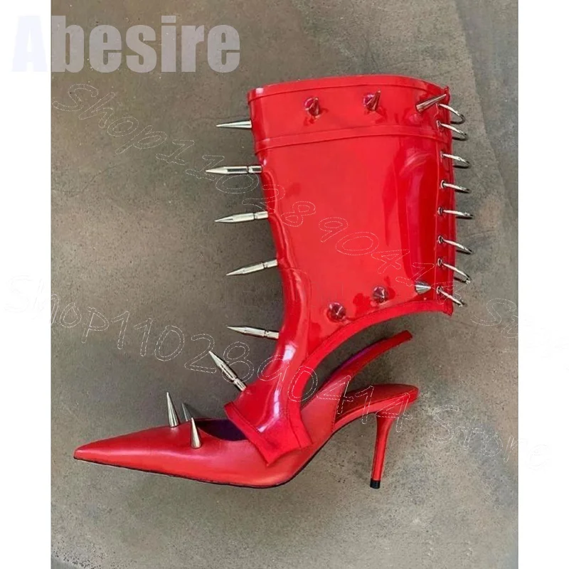 

Silver Spikes Red Hollow Design Pointed Toe Boots Buckle Strap Women Shoes Thin High Heels Party Dating 2024 Zapatos Para Mujere