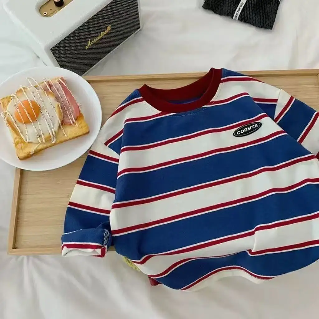 

Children's Long sleeved T-shirt Spring and Autumn Western Style Boys and Girls Round Neck Casual Striped T-shirt Kids Top