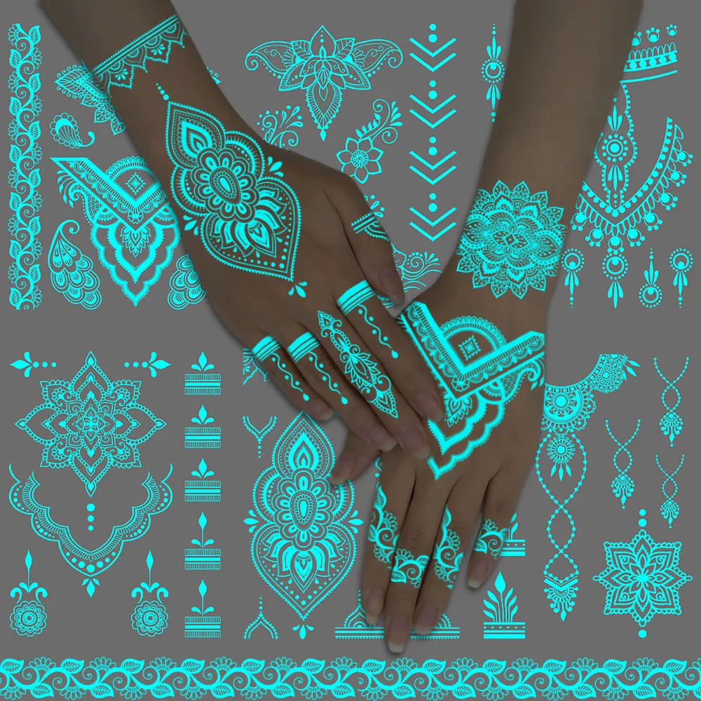 Blue Luminous Tattoo White Henna Mandala Waterproof Temporary Tattoo Sticker Abstract Floral Lace Fake Tattoos Women Hand Finger