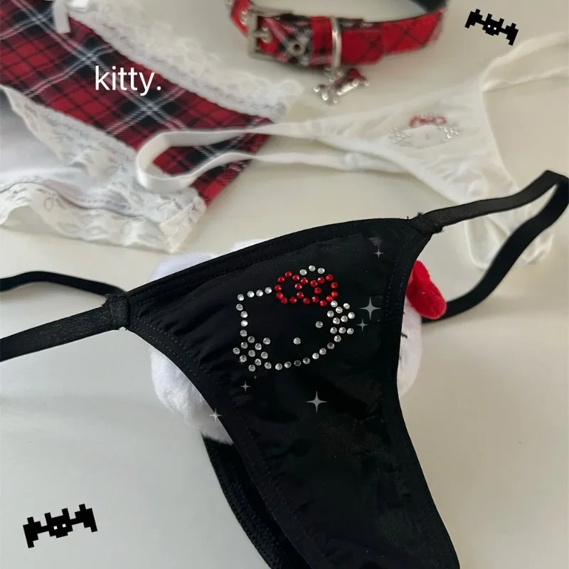 산리오 헬로 키티 섹시한 끈 팬티, 여성용 브리프, 반짝이는 라인스톤 티팬티, 로우 웨이스트, 심리스 란제리, 속옷